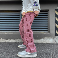 2021 styl Preppy czaszka pełny nadruk sznurkiem w stylu Casual, sztruksowa mężczyźni workowate spodnie Hip Hop proste spodnie dresowe męskie luźne spodnie 4
